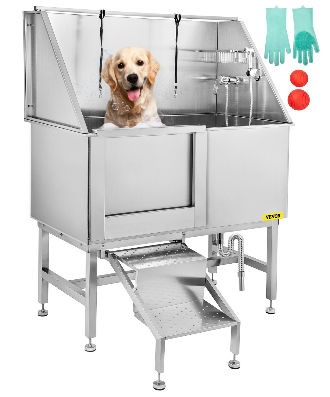 50 Inch Dog Grooming Tub, Professional Stainless Steel Pet Dog Bath Tub, with Steps Faucet & Accessories Dog Washing Station Left Door