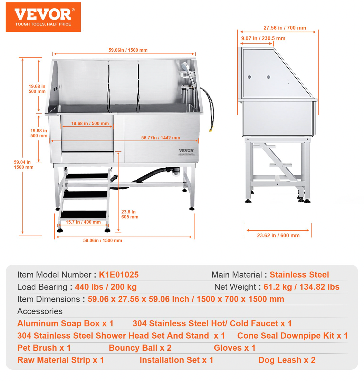 62" Dog Grooming Tub | Stainless Steel Bath Station, Stairs, Faucet, Left Door