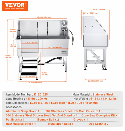 62" Dog Grooming Tub | Stainless Steel Bath Station, Stairs, Faucet, Left Door