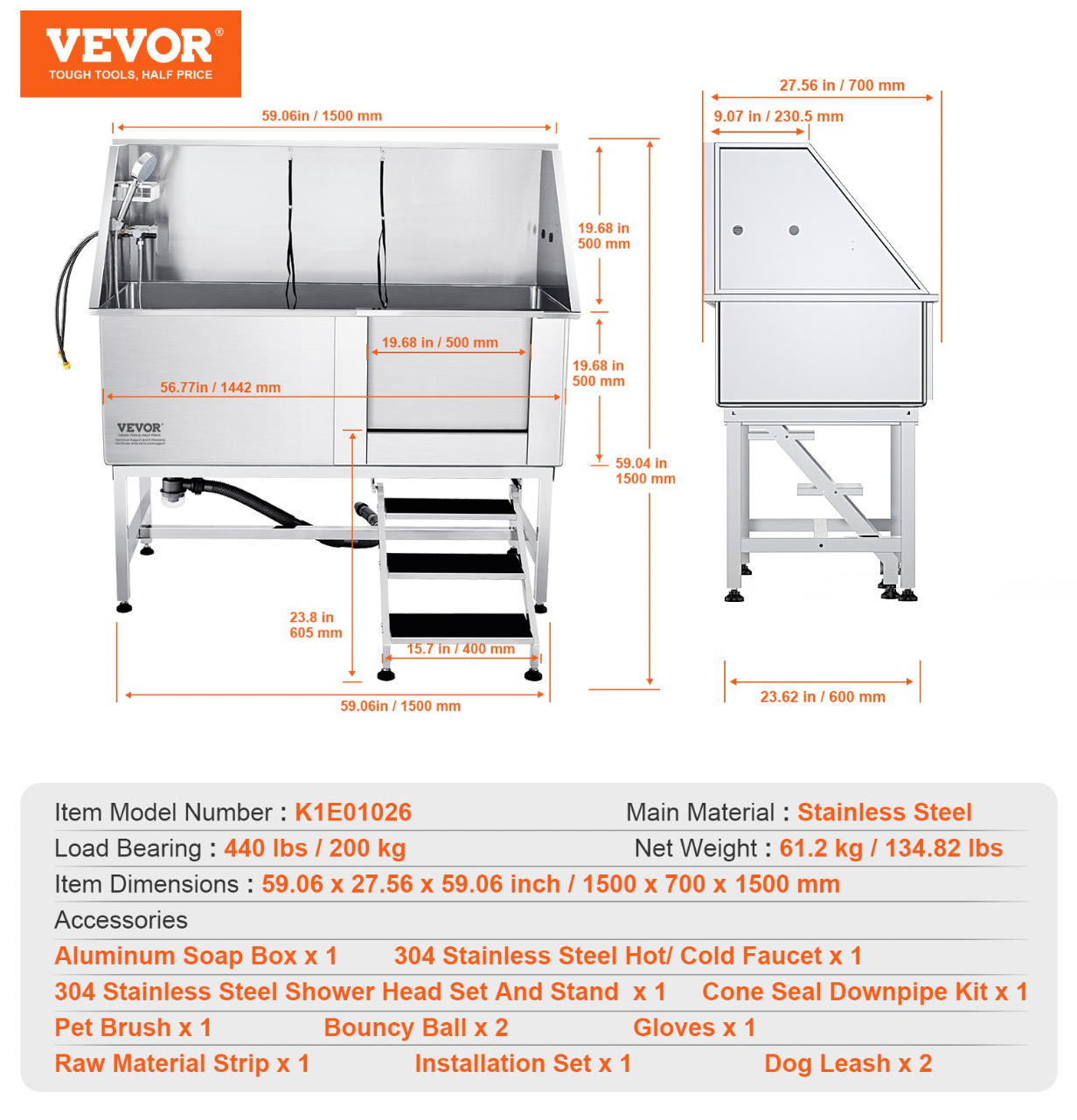 62" Dog Grooming Tub | Stainless Steel Bath Station, Stairs, Faucet, Accessories (Right)