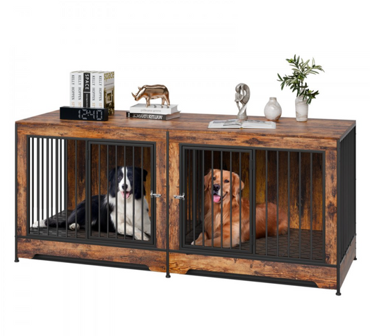 Dog Crate Furniture 75 in Indoor Wooden Dog Kennel with Divider and Tray