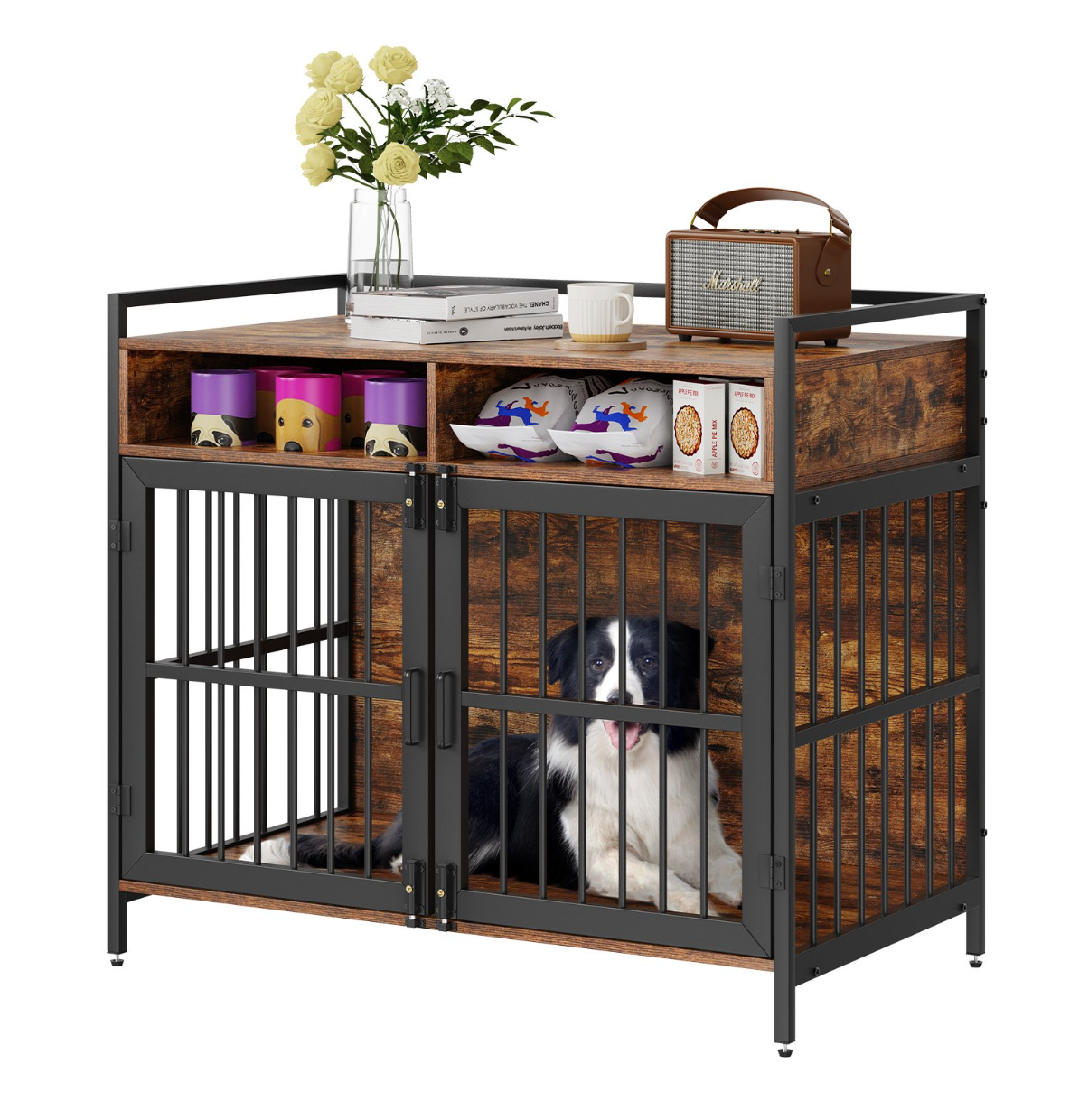 Furniture Style Dog Crate, 41 Inch, Double Doors, Storage, Rustic Brown