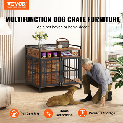 Furniture Style Dog Crate, 41 Inch, Double Doors, Storage, Rustic Brown