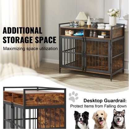 Furniture Style Dog Crate, 41 Inch, Double Doors, Storage, Rustic Brown