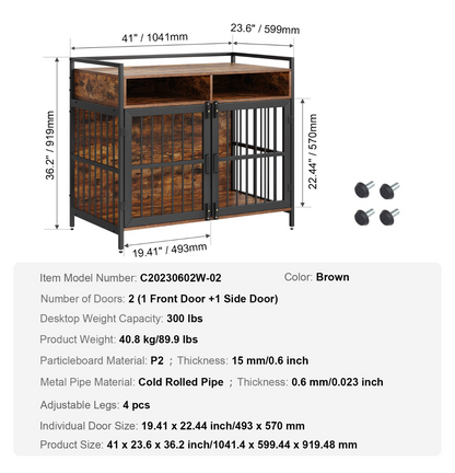 Furniture Style Dog Crate, 41 Inch, Double Doors, Storage, Rustic Brown