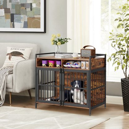 Furniture Style Dog Crate, 41 Inch, Double Doors, Storage, Rustic Brown