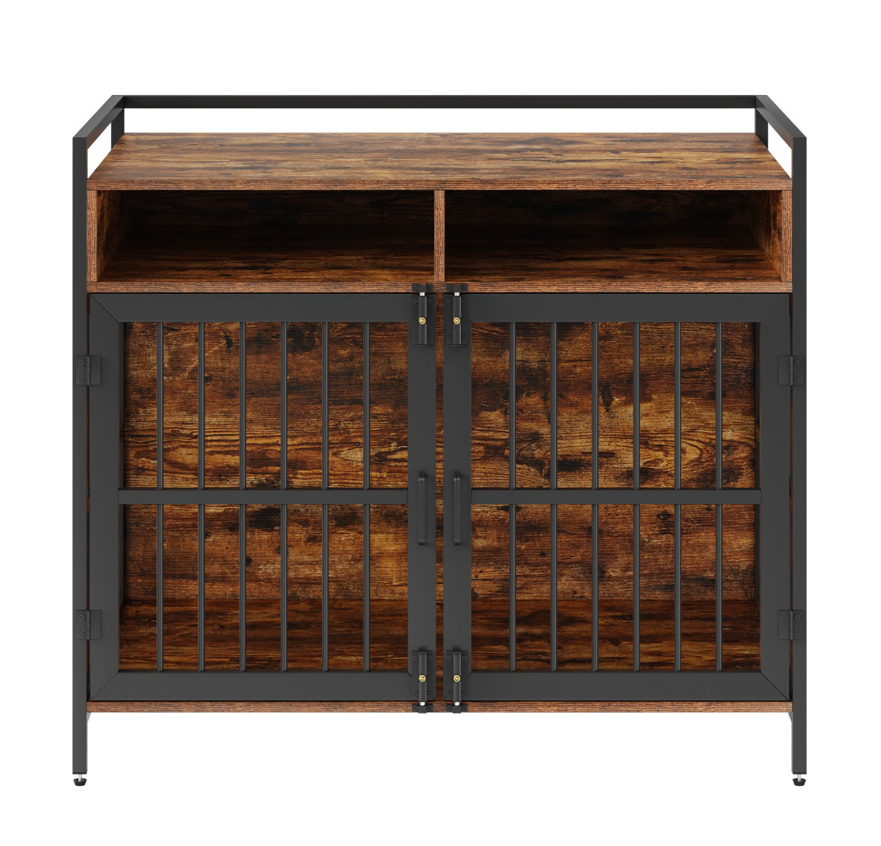 Furniture Style Dog Crate, 41 Inch, Double Doors, Storage, Rustic Brown