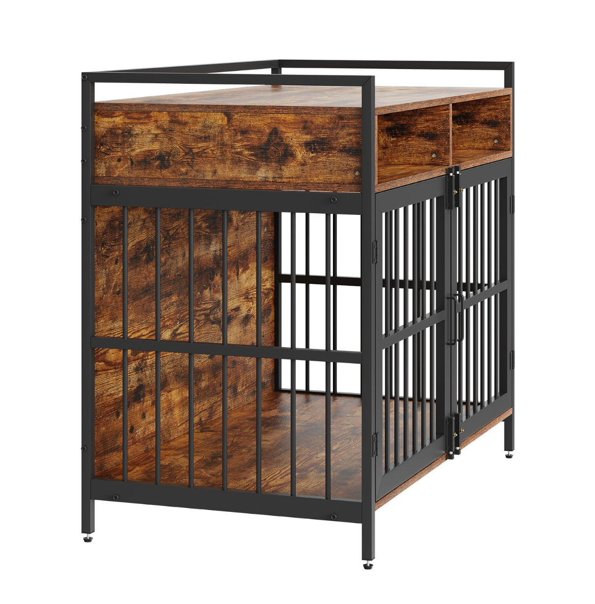 Furniture Style Dog Crate, 41 Inch, Double Doors, Storage, Rustic Brown