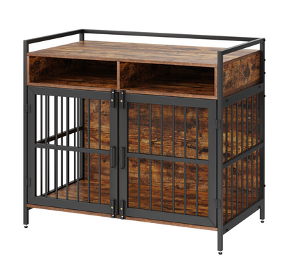 Furniture Style Dog Crate, 41 Inch, Double Doors, Storage, Rustic Brown