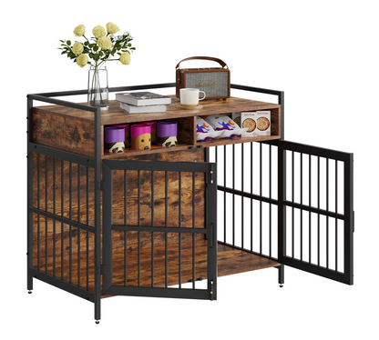 Furniture Style Dog Crate, 41 Inch, Double Doors, Storage, Rustic Brown