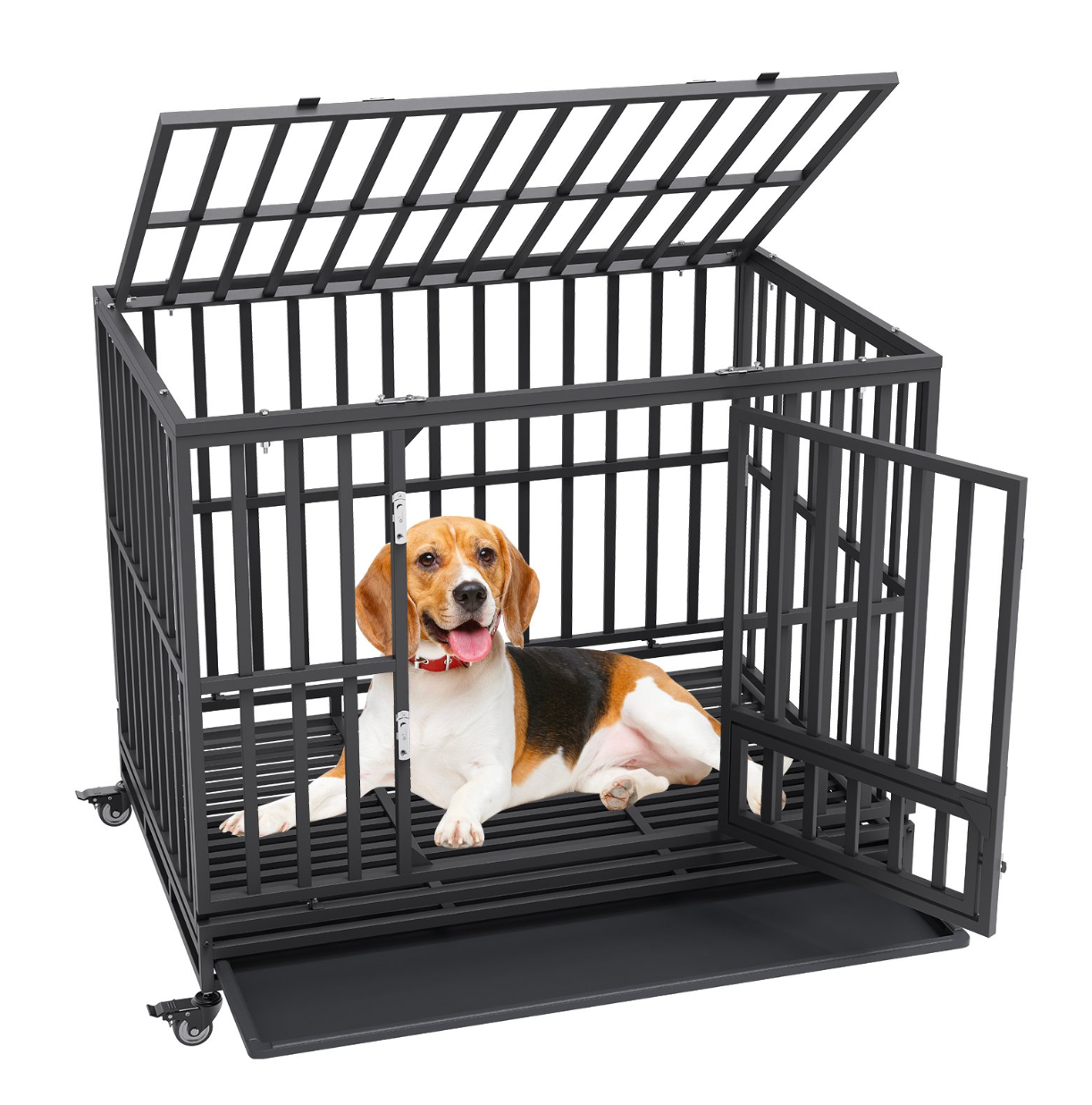 47" Indestructible Dog Crate | Heavy Duty Kennel, 3 Doors, Wheels, Tray