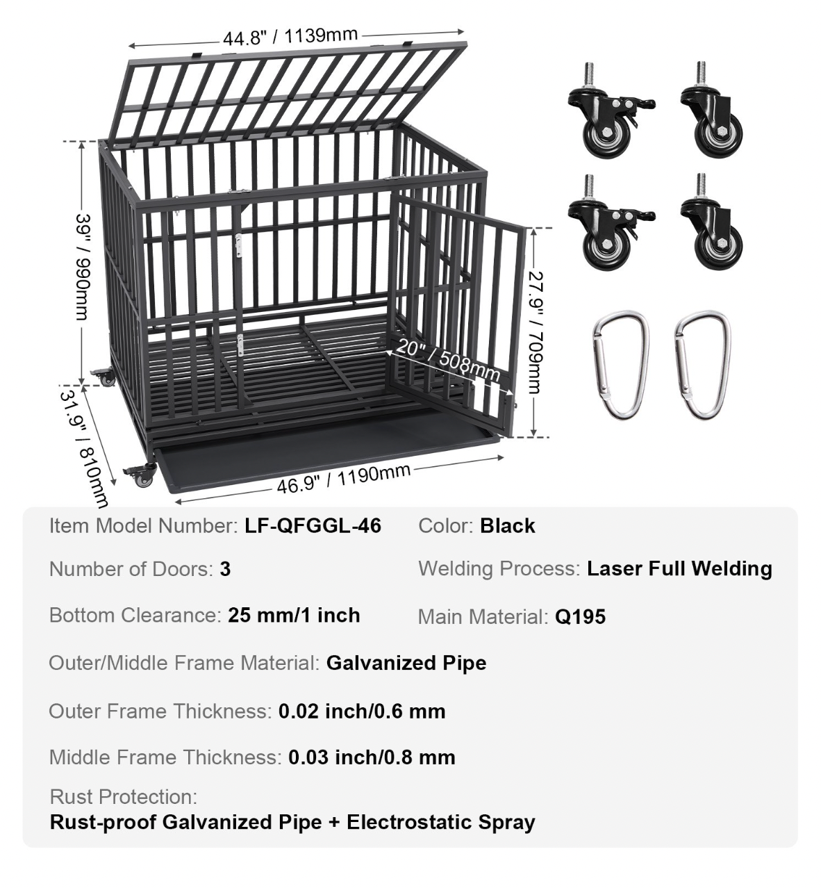 47" Indestructible Dog Crate | Heavy Duty Kennel, 3 Doors, Wheels, Tray