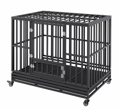 47" Indestructible Dog Crate | Heavy Duty Kennel, 3 Doors, Wheels, Tray