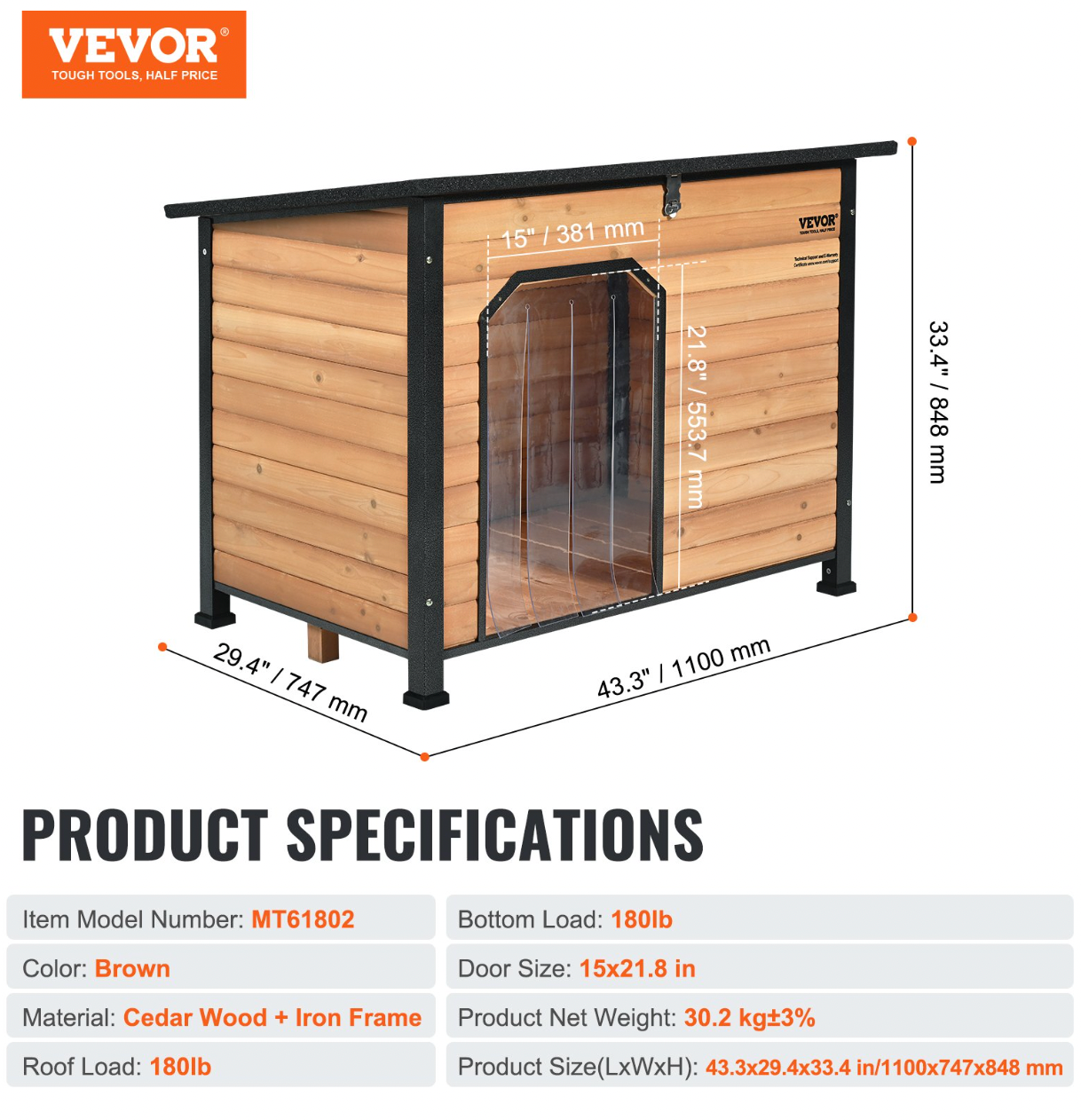 Insulated Outdoor Dog House, Waterproof, Elevated Floor, Iron Frame, Open Roof