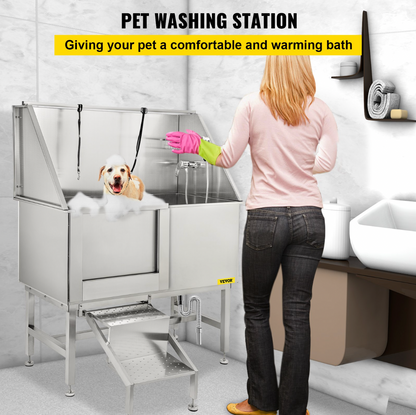 50 Inch Dog Grooming Tub, Professional Stainless Steel Pet Dog Bath Tub, with Steps Faucet & Accessories Dog Washing Station Left Door