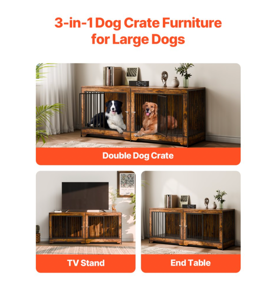 Dog Crate Furniture 75 in Indoor Wooden Dog Kennel with Divider and Tray