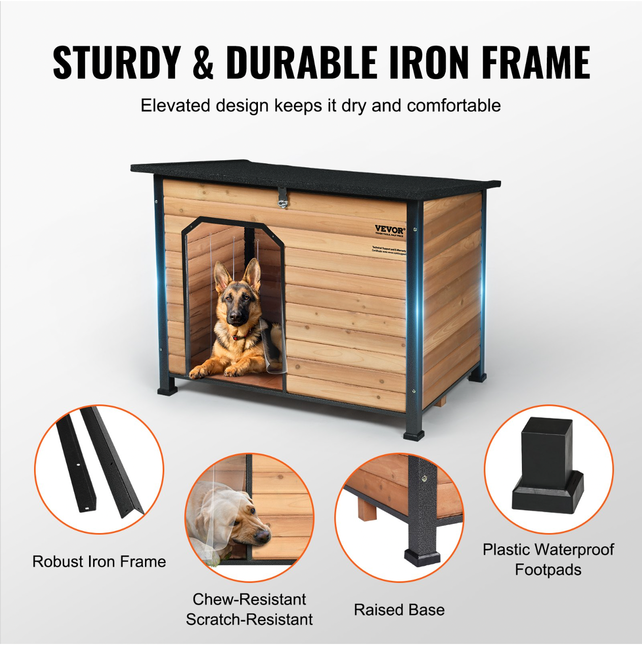 Insulated Outdoor Dog House, Waterproof, Elevated Floor, Iron Frame, Open Roof